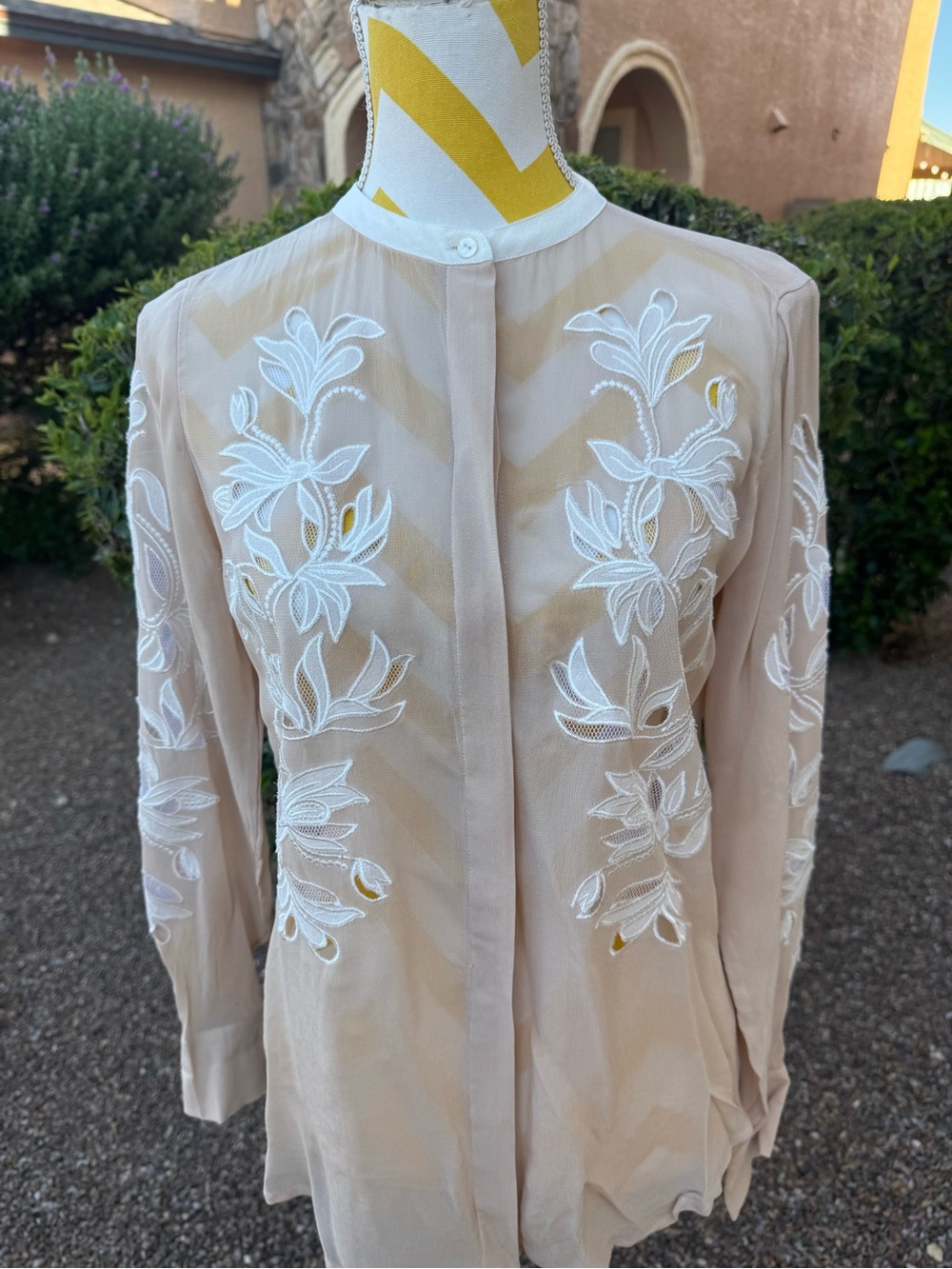 Reiss Sheer Embroidered Floral Button-Up Blouse in Beige - Picture 7 of 15